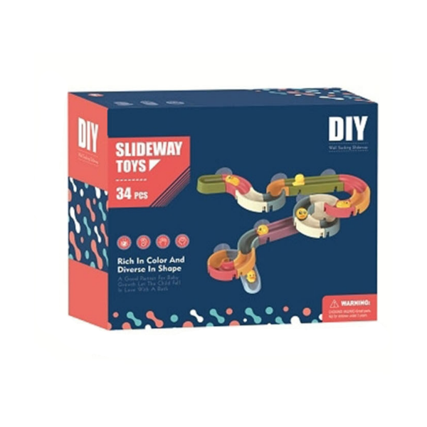 Box of Slideway Toys DIY kit with colorful toy tracks on a white background