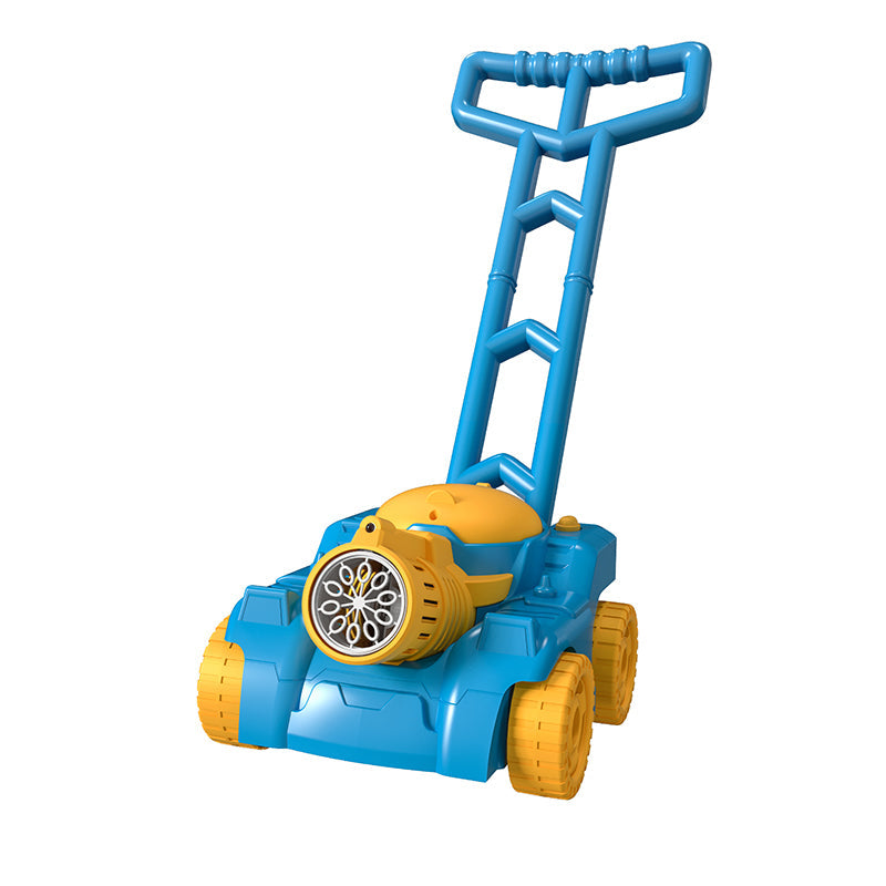 Toy lawnmower with blue handle and yellow wheels on a white background