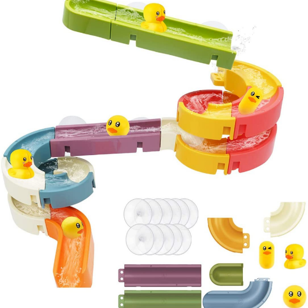 Children's toy water track with rubber ducks on a white background