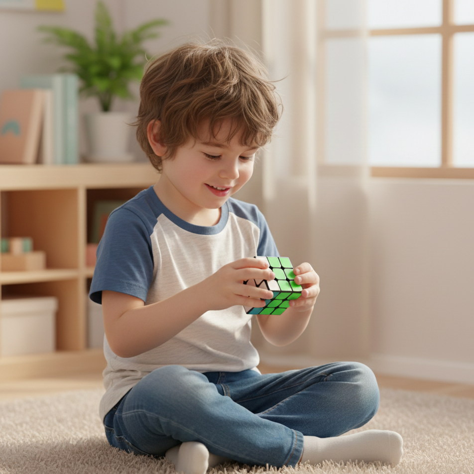 Child playing with a Rubik's Cube in a bright room with a bookshelf in the background