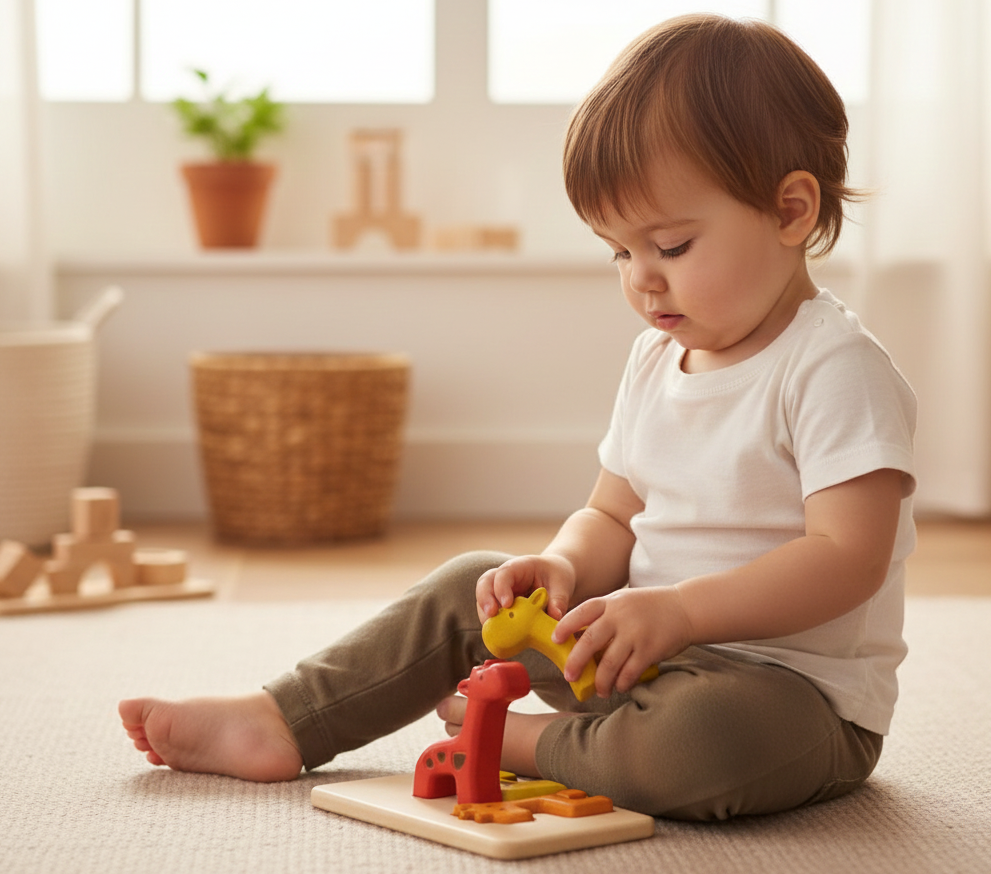 Child playing with toys on a wooden floor in a bright room.