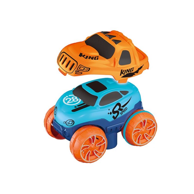 Toy cars in orange and blue colors on a white background