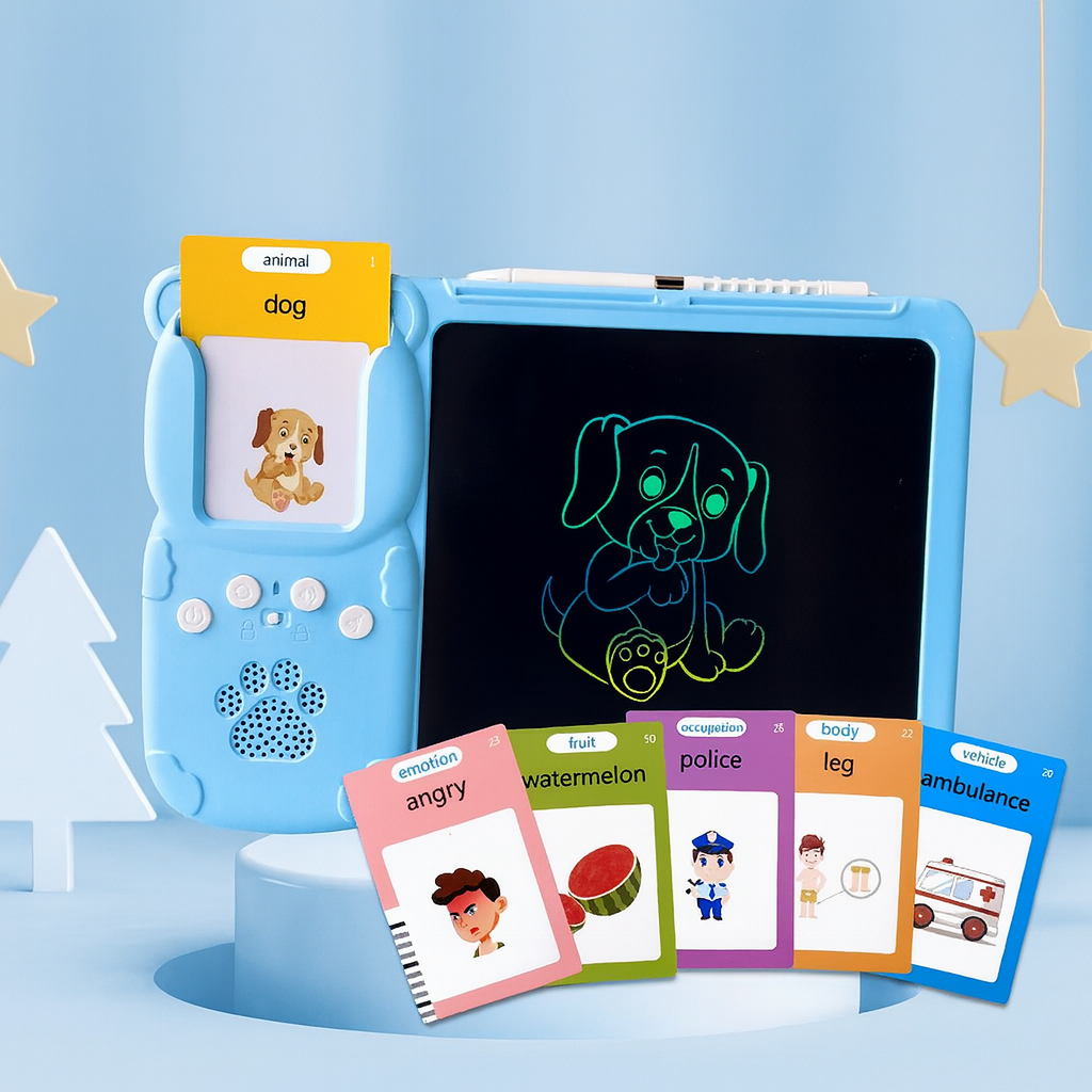 Children's educational toy with a screen displaying a dog drawing and cards below on a light blue background.