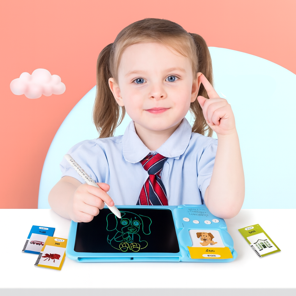 Child with educational toy drawing a dog on a small screen, with flashcards and a pink cloud background.