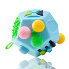 Colorful fidget cube toy with multiple buttons on a white background