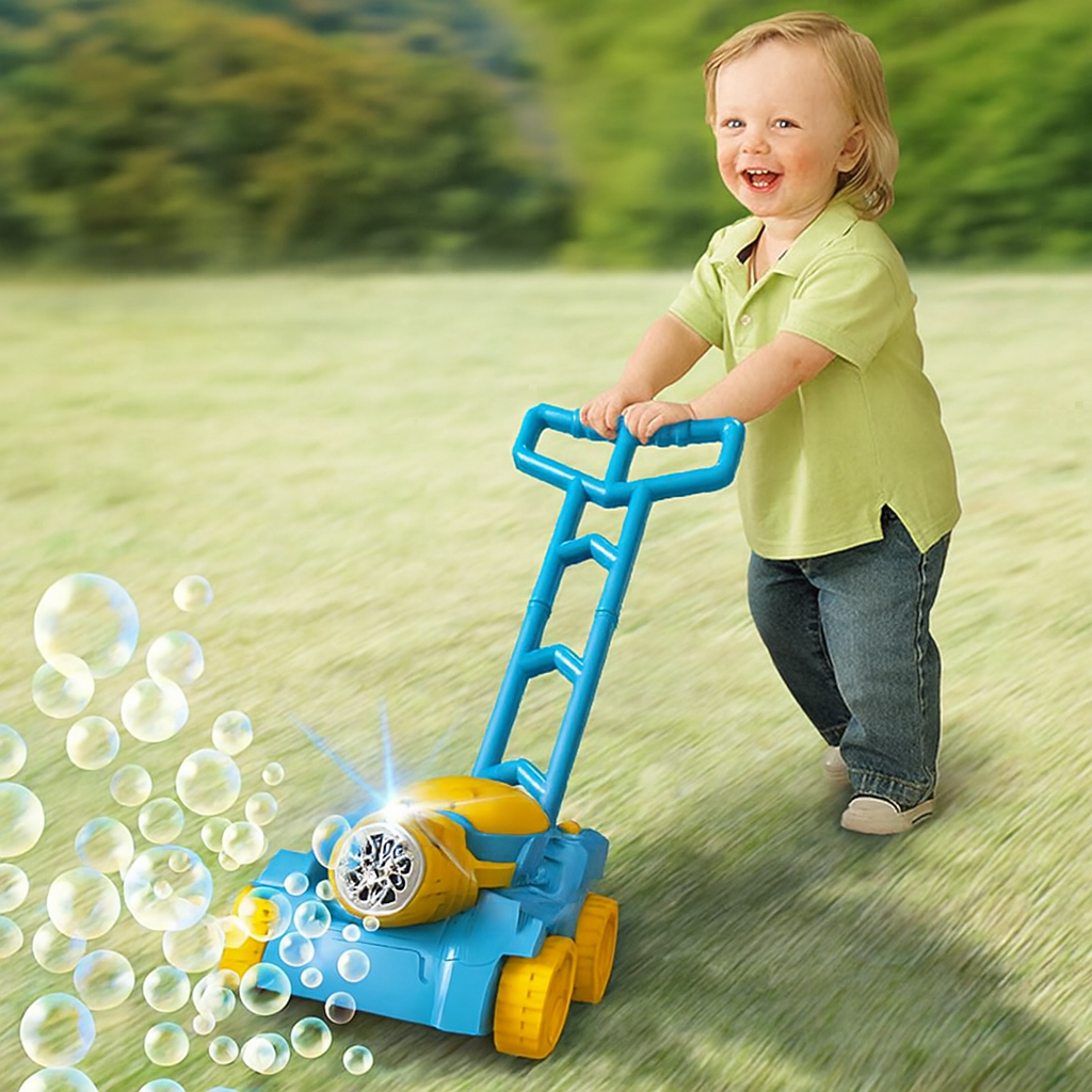 Child playing with a bubble machine outdoors on a grassy field