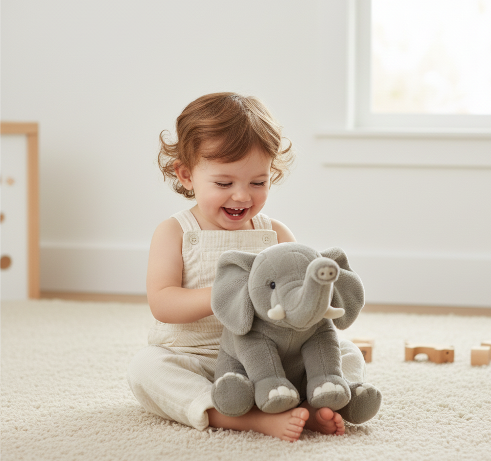Child holding a plush elephant toy in a bright room