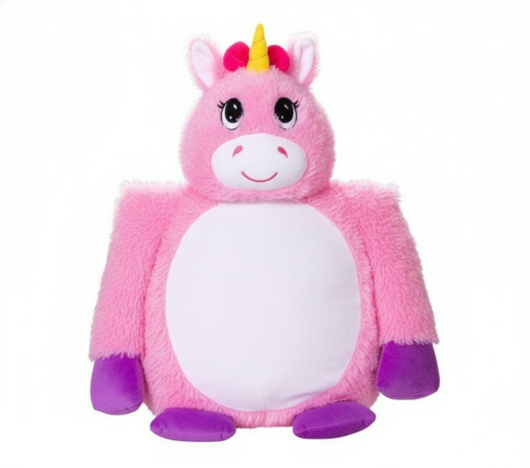 Pink plush unicorn toy with a yellow horn on a white background