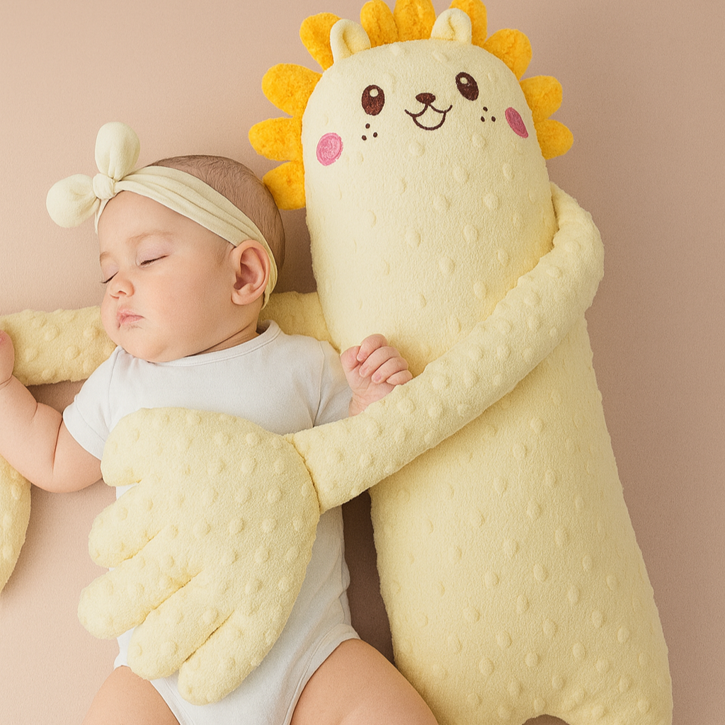 Baby hugging a large yellow plush lion toy against a beige background