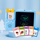 Children's educational toy with a screen displaying a dog drawing and cards below on a light blue background.