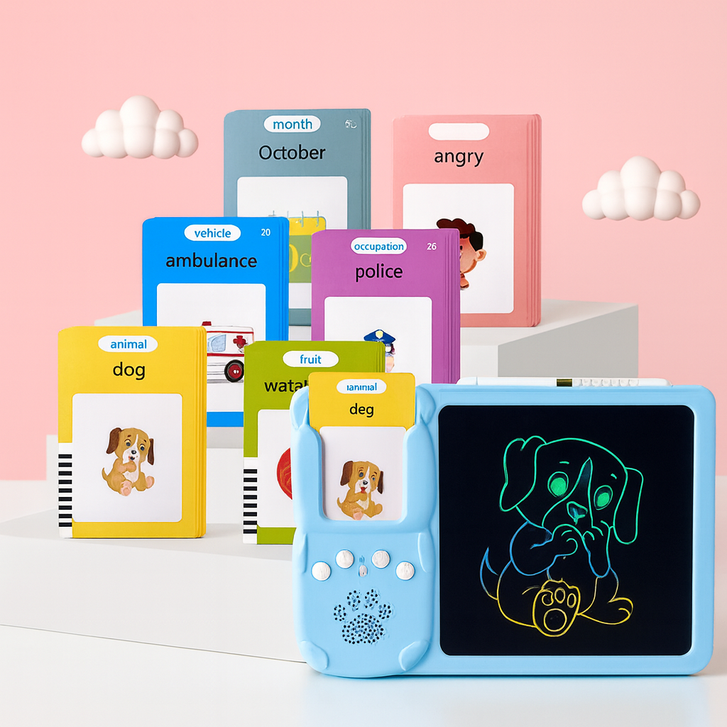 Educational children's learning device with flashcards on a pink background