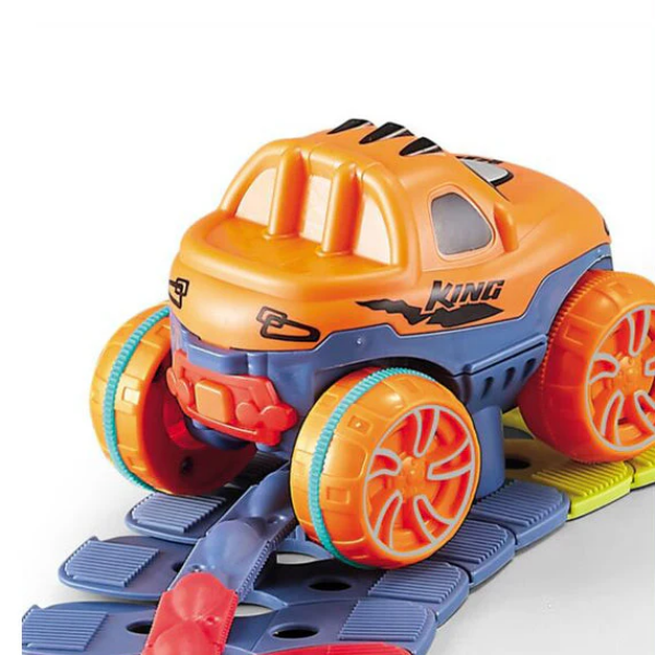 Toy vehicle with orange and blue colors on a white background